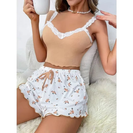 Women’s Pink Lace Patchwork Camisole & Shorts Pajama Set – Sexy Lounge Sleepwear