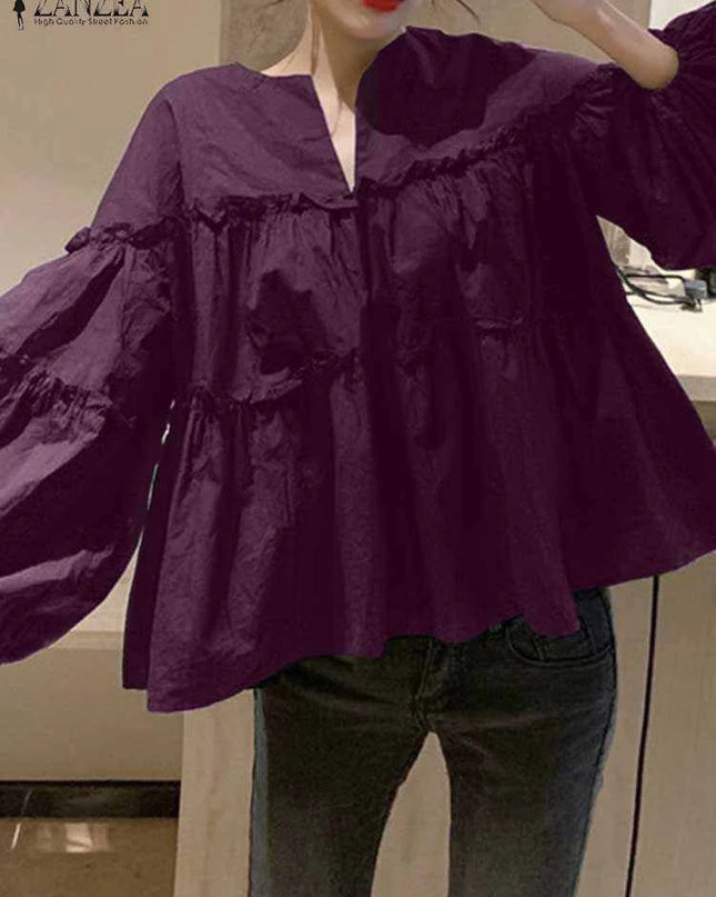 Zanzea Elegant Puff Sleeve Ruffle Blouse – Women’s Tunic Shirt