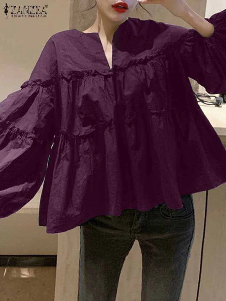 Zanzea Elegant Puff Sleeve Ruffle Blouse – Women’s Tunic Shirt-HighTouch