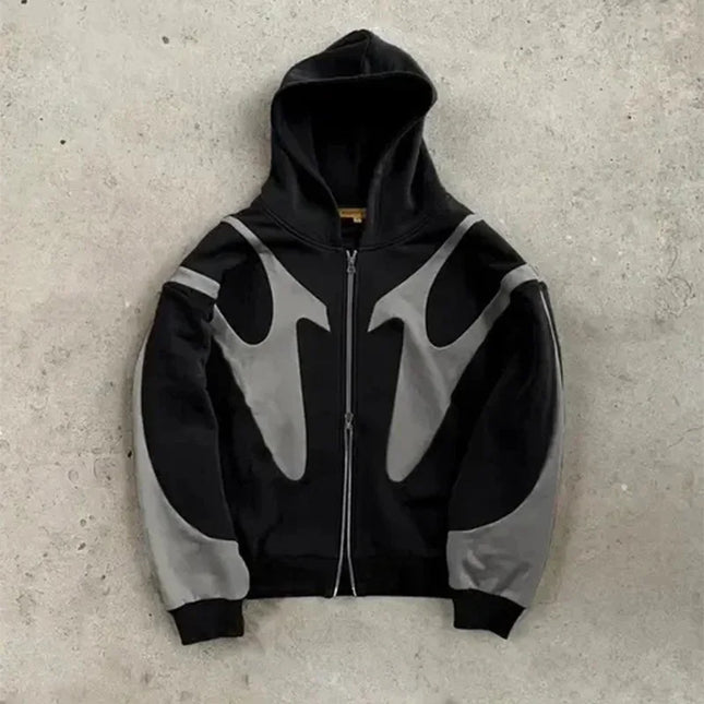 American- Retro Letter Printed Zip‑Up Hoodie