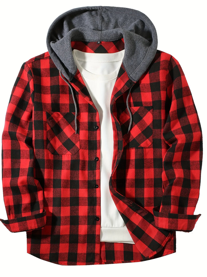 Men's Hooded Plaid Flannel Shirt - Slim Fit Shacket Jacket