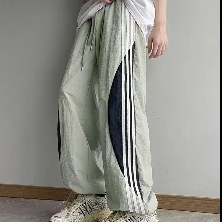 Quick-Dry Color-Block Straight Pants – Men’s 3-Stripe Loose-Fit Summer Trousers