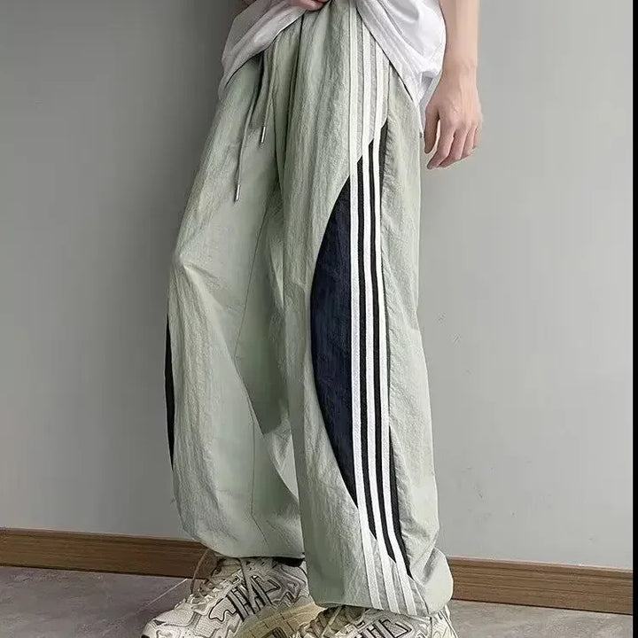 Quick-Dry Color-Block Straight Pants – Men’s 3-Stripe Loose-Fit Summer Trousers-HighTouch