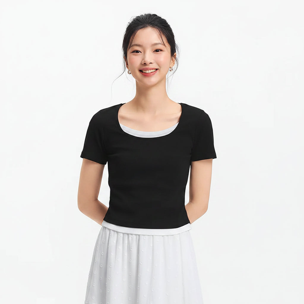 Sleek Fake Two‑Piece Cropped Tee – Slimming U‑Neck for Chic-HighTouch