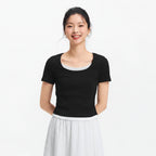 Sleek Fake Two‑Piece Cropped Tee – Slimming U‑Neck for Chic-HighTouch