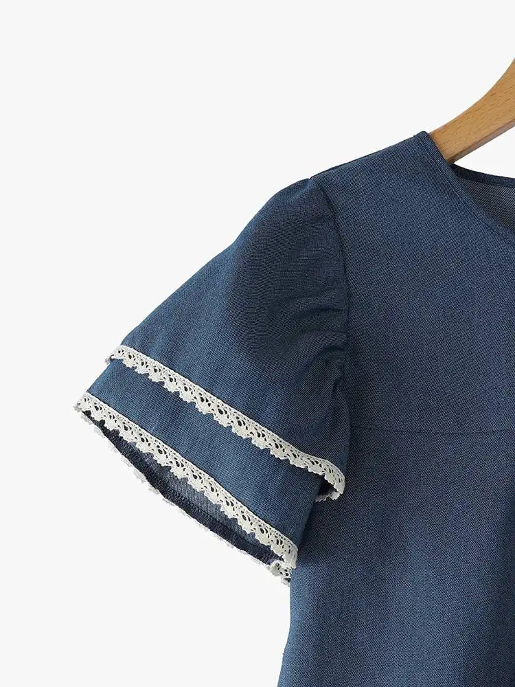 Zanzea Lace Patchwork Denim Blouse – Casual Summer Top for Women