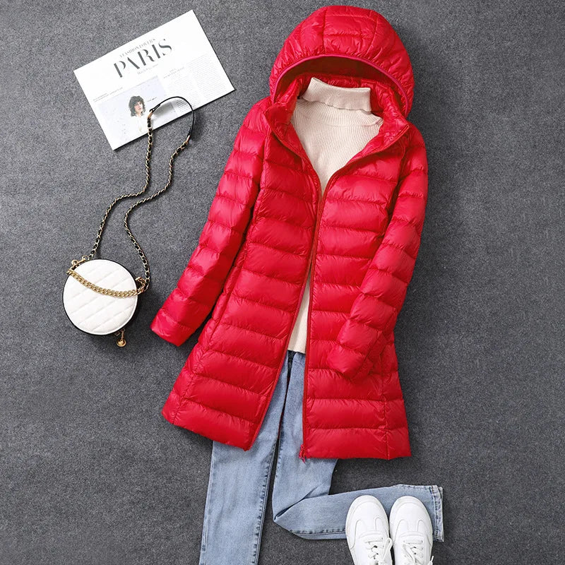 Women's X-Long Office Lady Hat Detachable Puffer Jacket