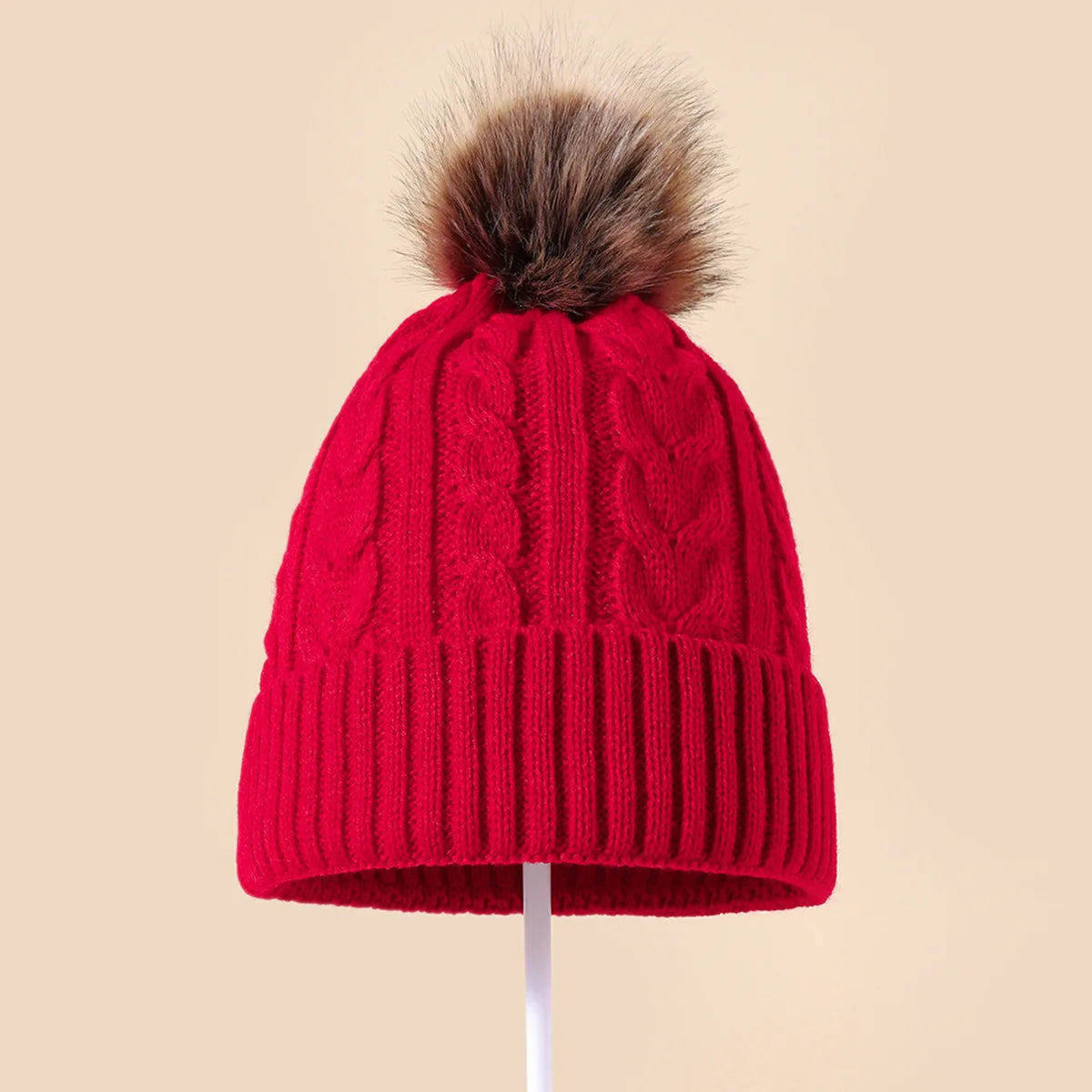 Plush-Pom Knit Flap Beanie for Women