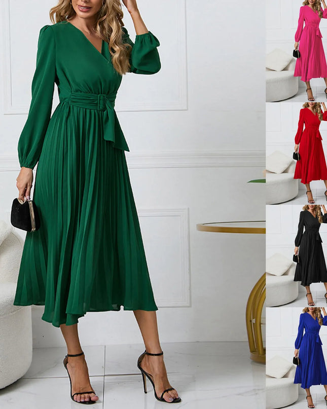Long-Sleeve Wrap Pleated Midi Dress with Belt