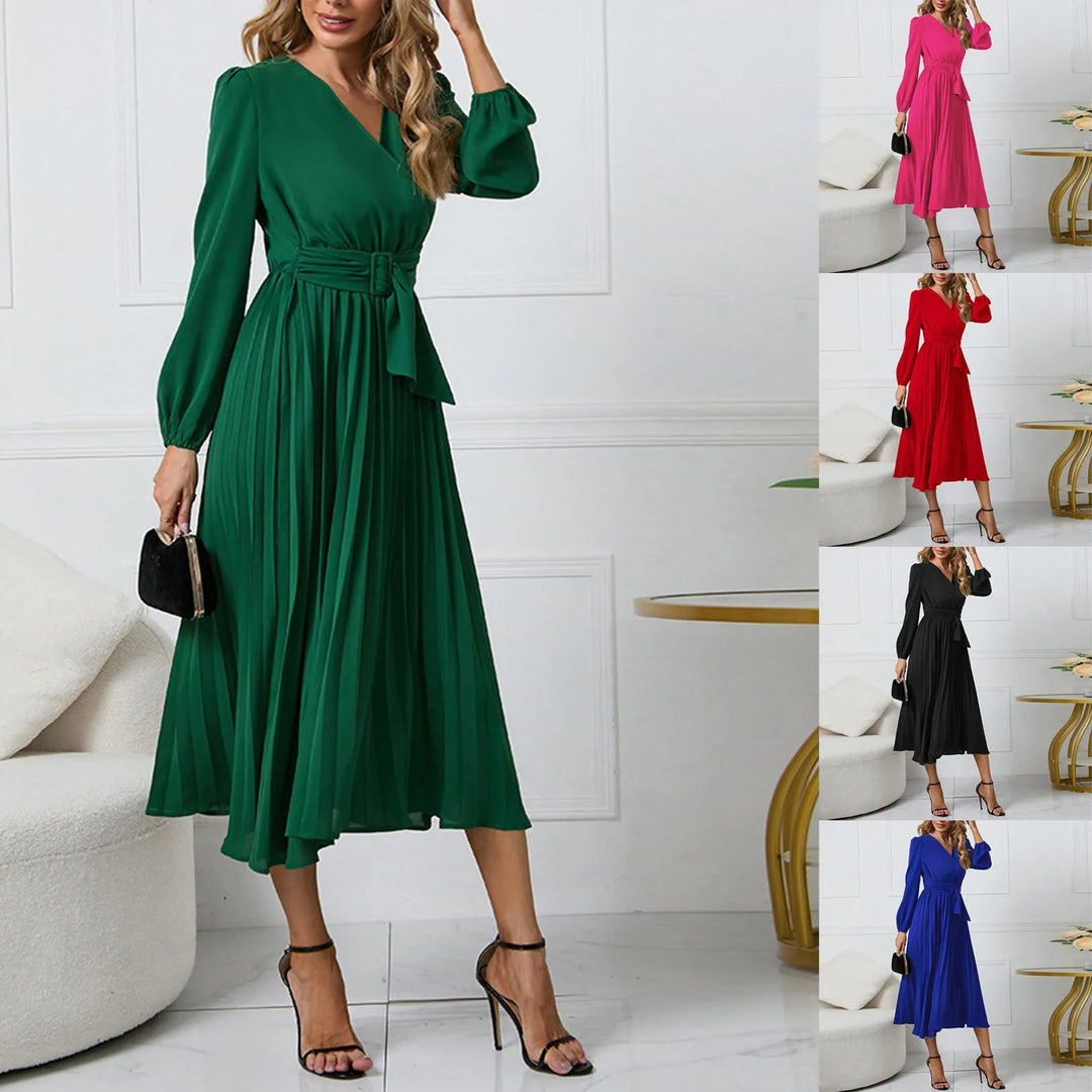 Long-Sleeve Wrap Pleated Midi Dress with Belt-HighTouch