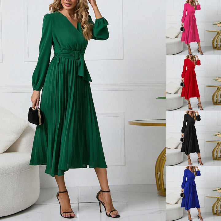 Long-Sleeve Wrap Pleated Midi Dress with Belt-HighTouch