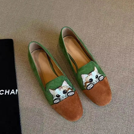Cat Embroidered Ballet Slippers