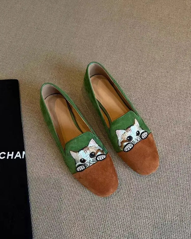 Cat Embroidered Ballet Slippers