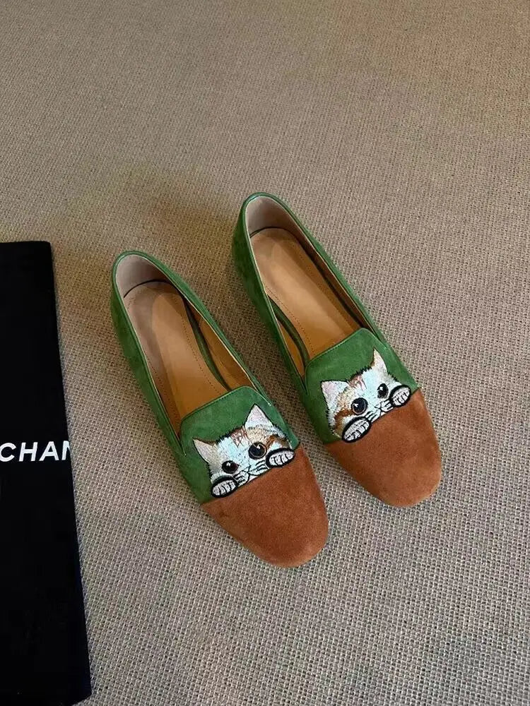 Cat Embroidered Ballet Slippers