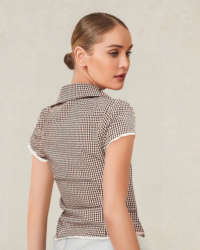 Plaid Lace Trim Button-Down Shirt