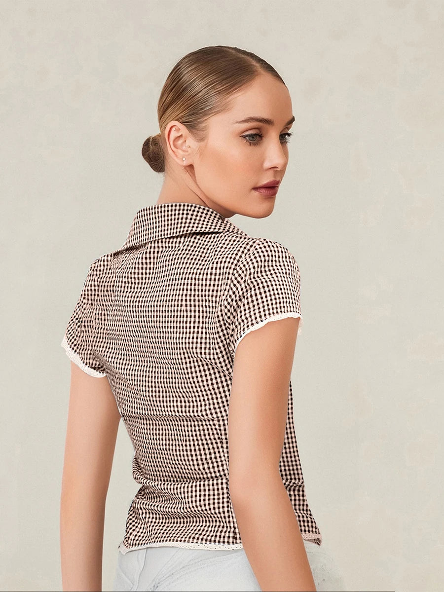 Plaid Lace Trim Button-Down Shirt