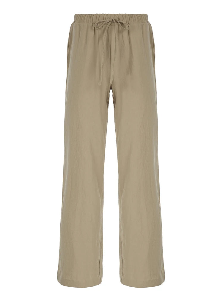 Sweetown Boho Straight‑Leg Pants – High‑Waist Loose Linen‑Blend Trousers with Pockets-HighTouch