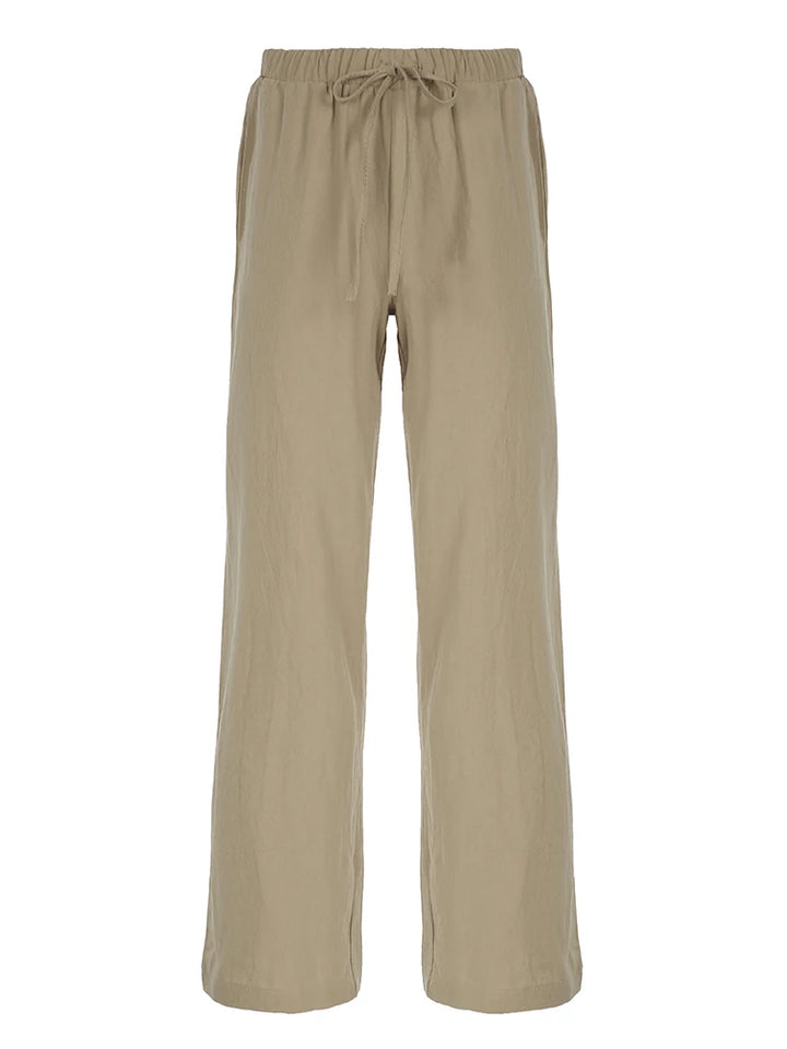 Sweetown Boho Straight‑Leg Pants – High‑Waist Loose Linen‑Blend Trousers with Pockets-HighTouch