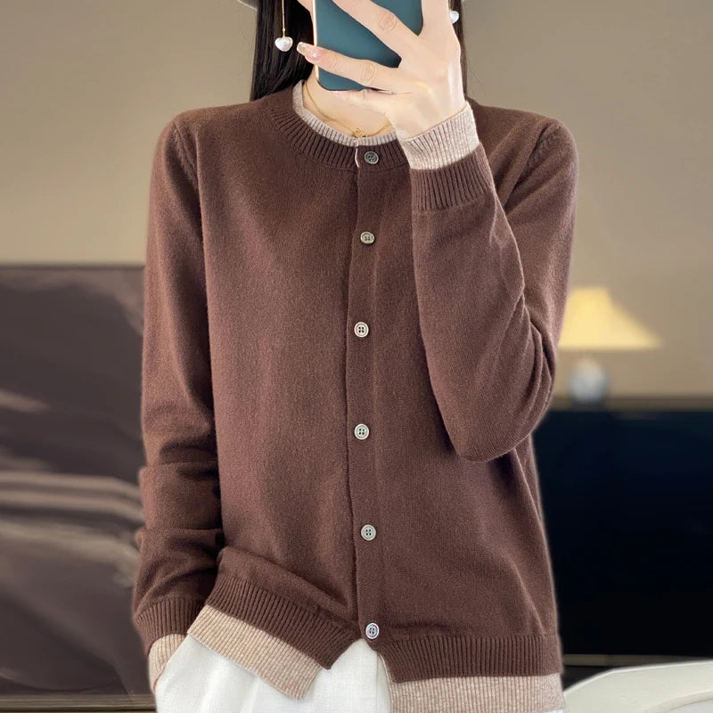 Spring Knit Patchwork Cardigan Lightweight O‑Neck Long Sleeve Sweater for Women