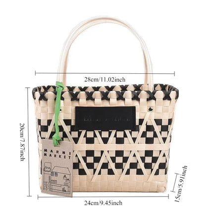 Bohemian Checkered Straw Tote – Large Capacity Summer Beach HandBag