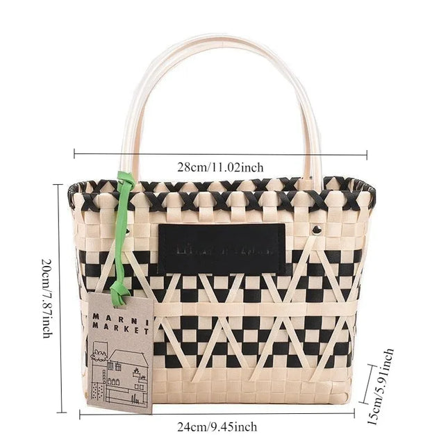 Bohemian Checkered Straw Tote – Large Capacity Summer Beach HandBag