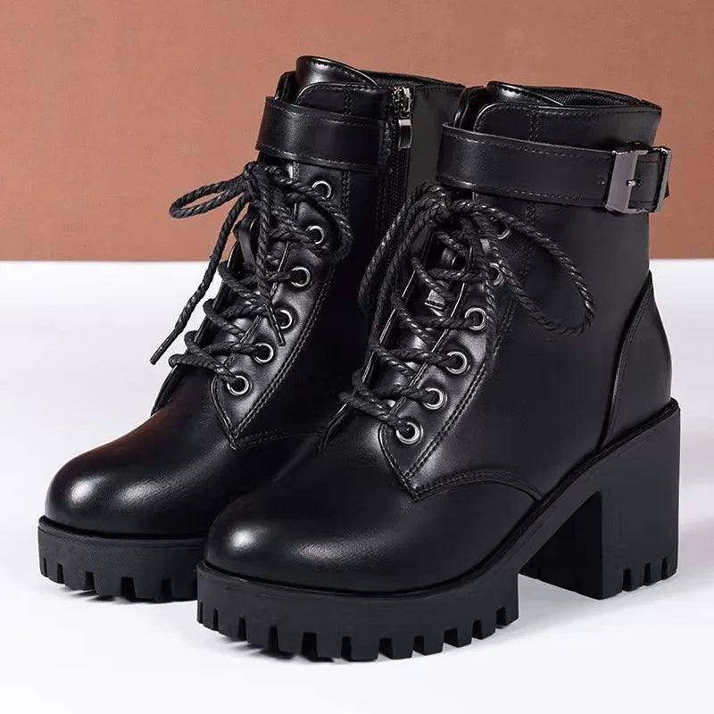 Autumn Women's Chunky Heeled Short Boots Round Toe Lace Up High Heels Solid Color Waterproof Platform Motorcycle Boots for Women