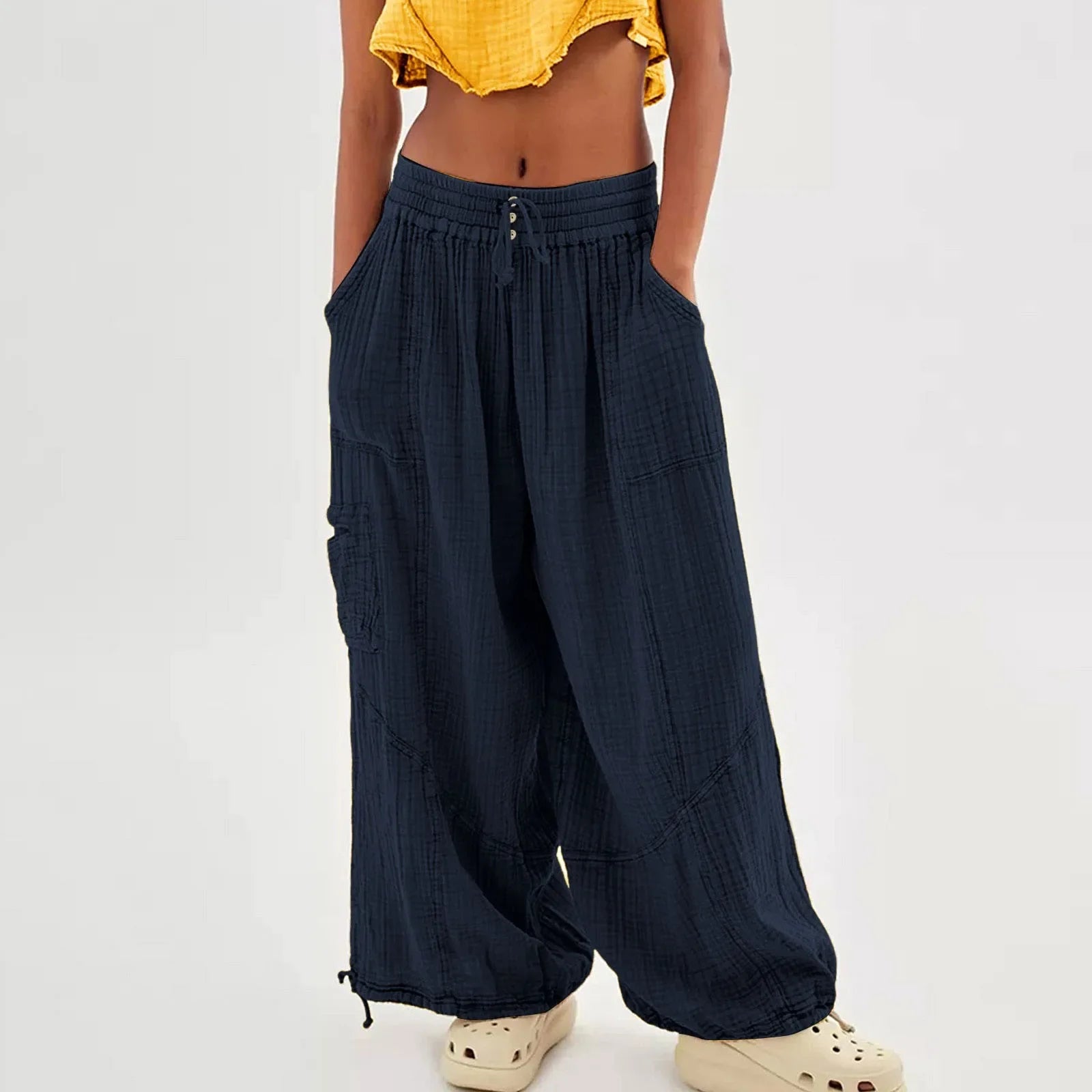 Beach Linen Wide-Leg Pants – High-Waist Palazzo Loose Harem Pants with Pockets