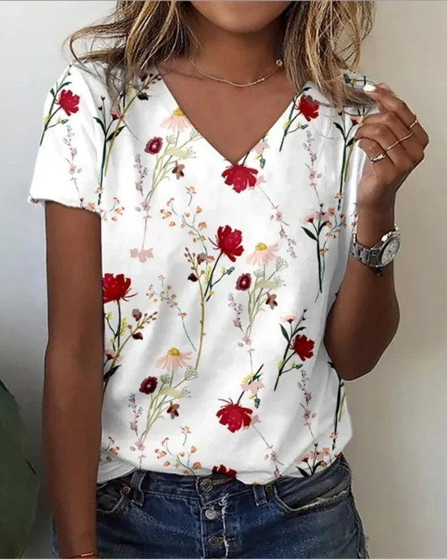 Vintage Floral 3D Print V‑Neck Tee – Oversized Harajuku Style