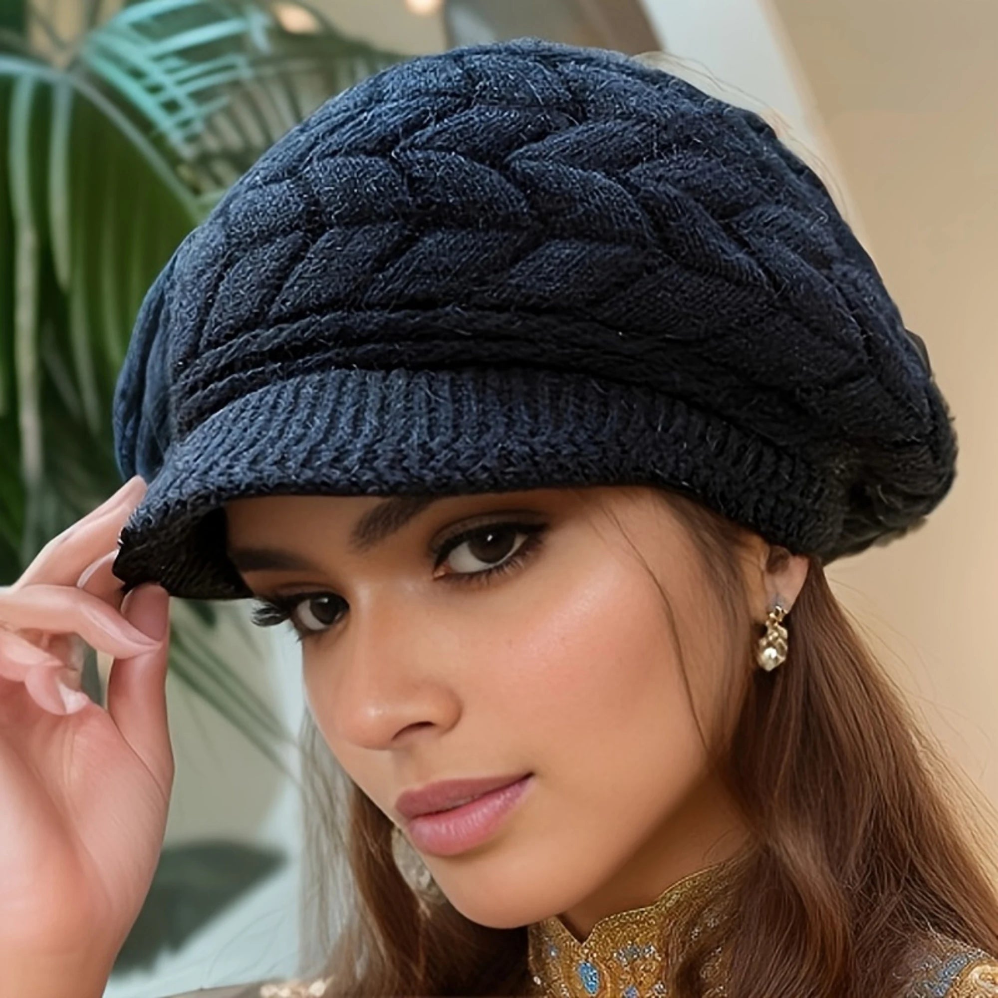 Women’s Retro Knit Winter Hat with Visor