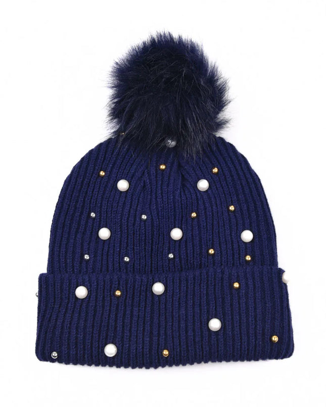 Pearl & Rhinestone Pom Pom Beanie