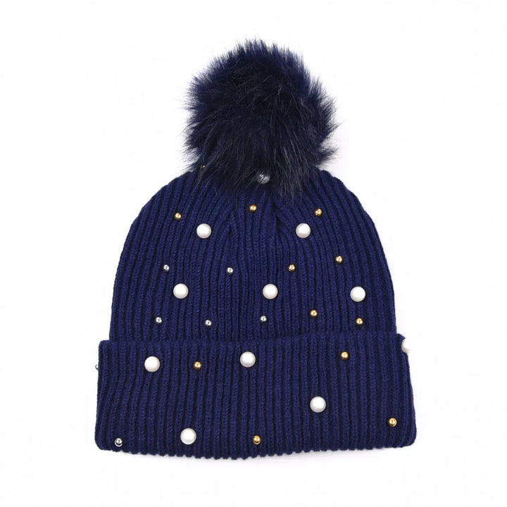 Pearl & Rhinestone Pom Pom Beanie-HighTouch