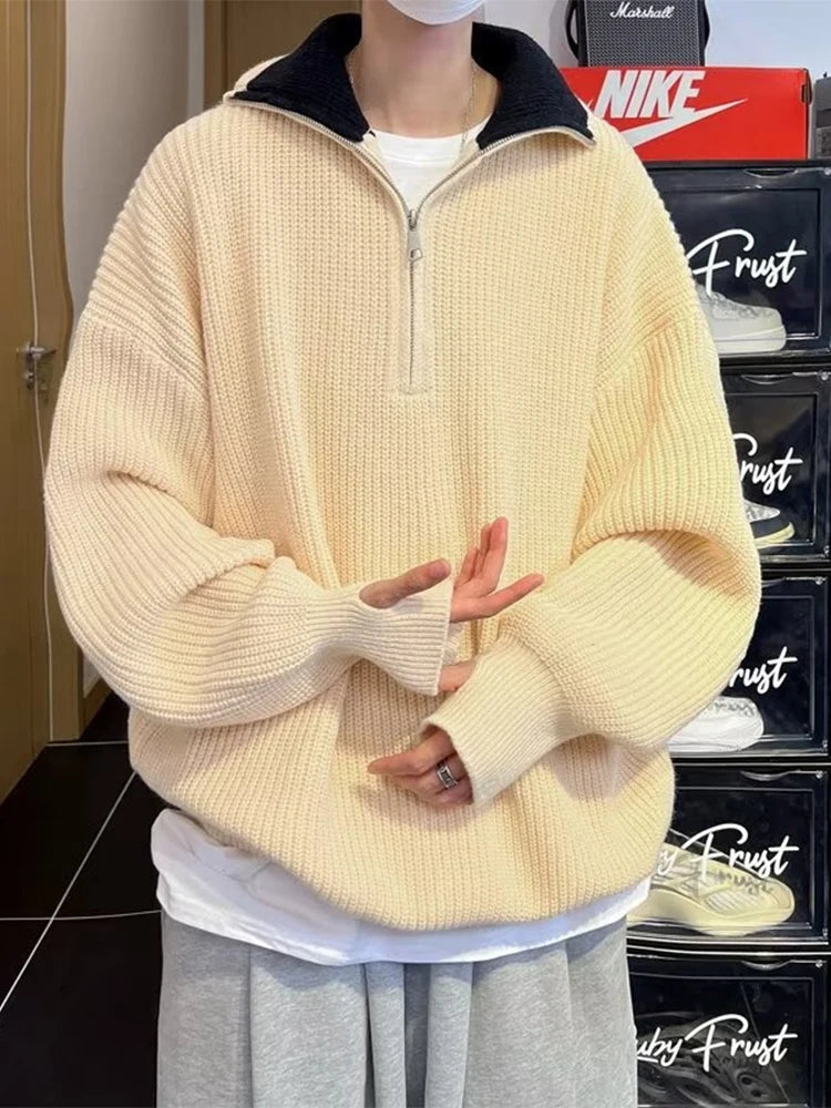 Y2K Half-Zip Stand-Up Collar Pullover Sweater Men-HighTouch