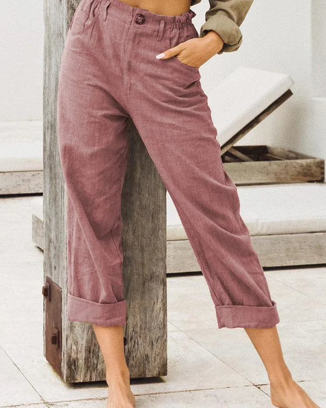 Spring Cotton-Linen Women’s Loose Button Pockets Pants – Elegant & Breathable