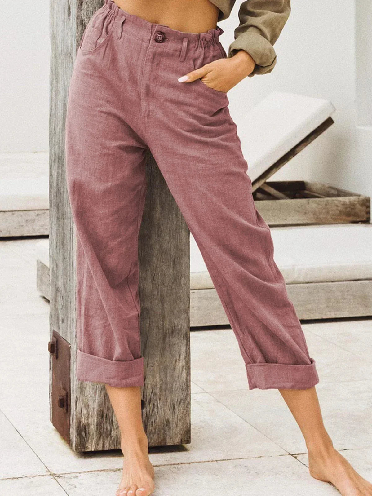 Spring Cotton-Linen Women’s Loose Button Pockets Pants – Elegant & Breathable