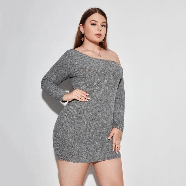 Plus-Size Oblique-Neck Long Sleeve Ribbed Bodycon Dress