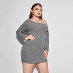 Plus-Size Oblique-Neck Long Sleeve Ribbed Bodycon Dress-HighTouch