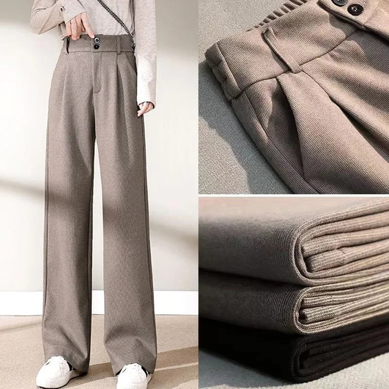 Women High Waist Wool Blend Straight Leg Trousers-HighTouch