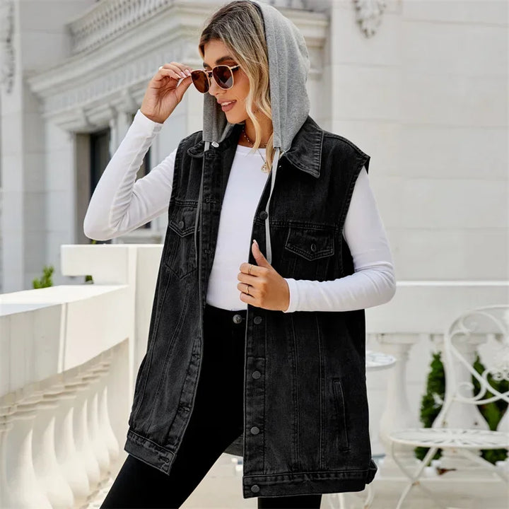 Women’s Relaxed Fit Sleeveless Denim Jacket with Hood