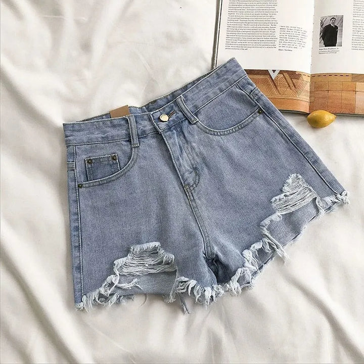 High‑Waist Tassel Ripped Denim Shorts – Y2K Streetwear Essentials-HighTouch