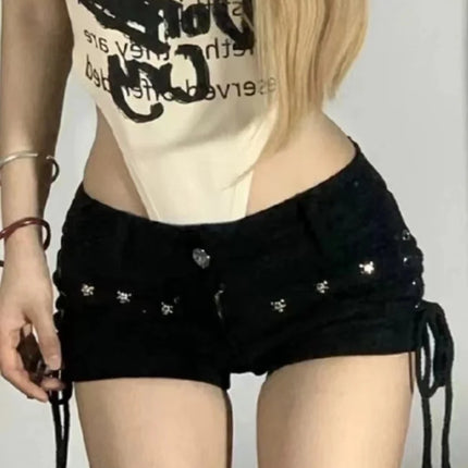 Rock Retro Vibes in Sexy Lace-Up Skinny Shorts
