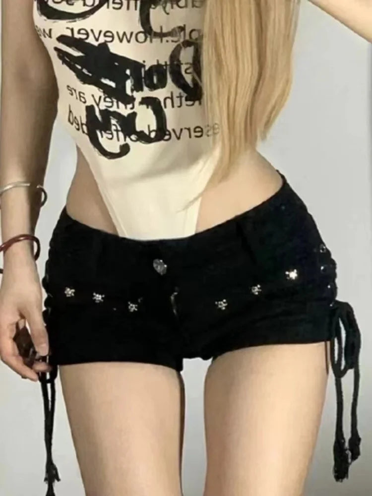 Rock Retro Vibes in Sexy Lace-Up Skinny Shorts-HighTouch