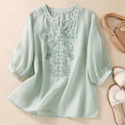 Embroidered Linen Cotton Blouse – Casual 3/4 Sleeve Women’s Top