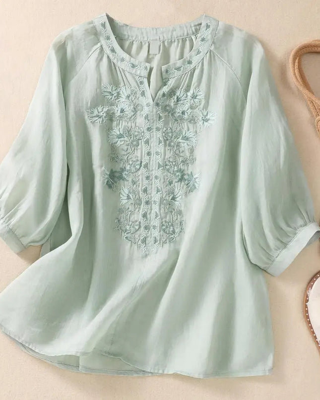 Embroidered Linen Cotton Blouse – Casual 3/4 Sleeve Women’s Top