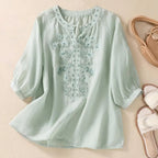 Embroidered Linen Polyster Blouse – Casual 3/4 Sleeve Women’s Top-HighTouch