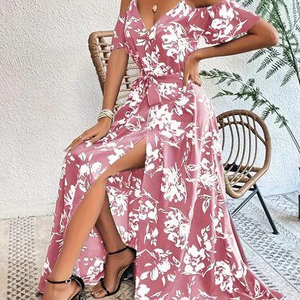 Boho Floral Cold-Shoulder Split Maxi Dress Women