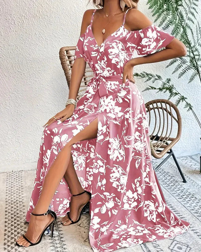 Boho Floral Cold-Shoulder Split Maxi Dress Women