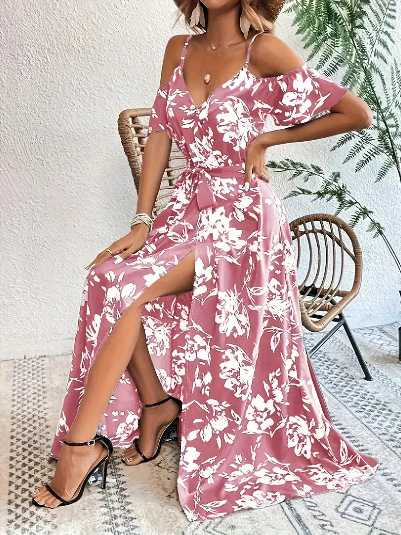 Boho Floral Cold-Shoulder Split Maxi Dress Women