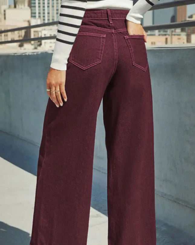 Burgundy High-Waist Wide-Leg Jeans Women