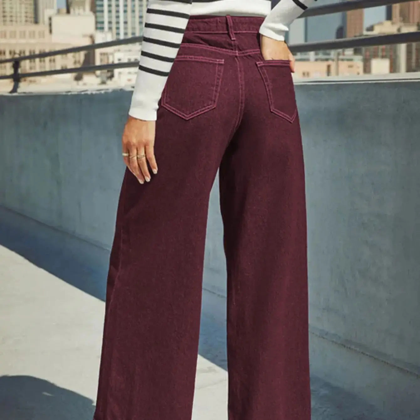 Burgundy High-Waist Wide-Leg Jeans Women