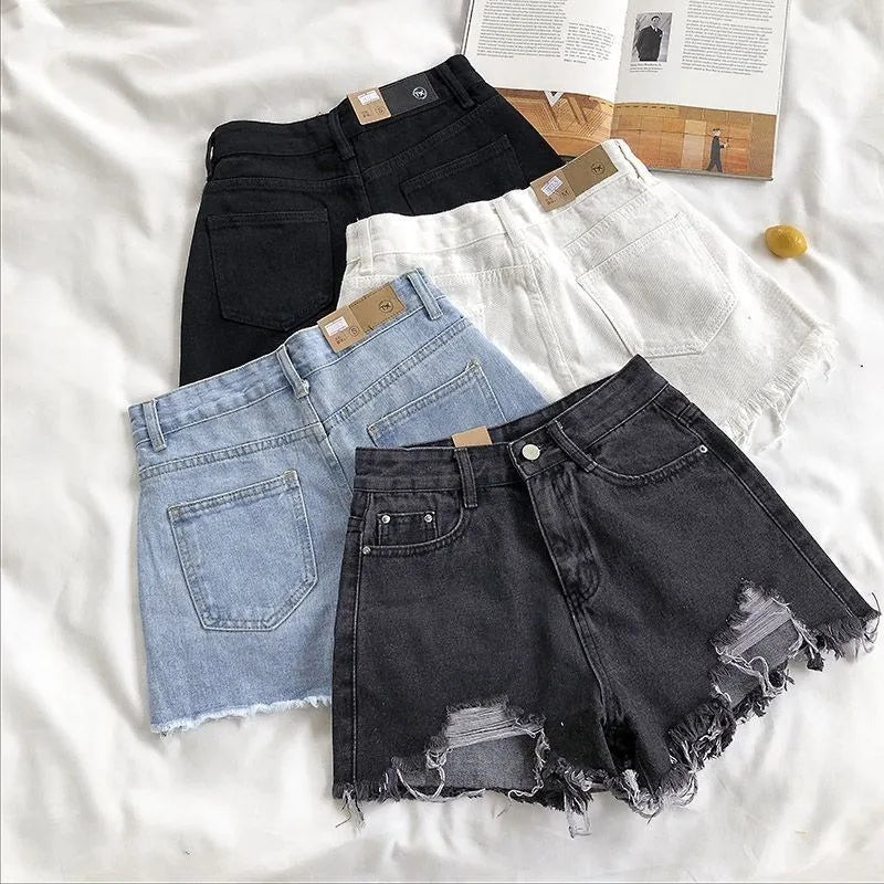 High‑Waist Tassel Ripped Denim Shorts – Y2K Streetwear Essentials-HighTouch